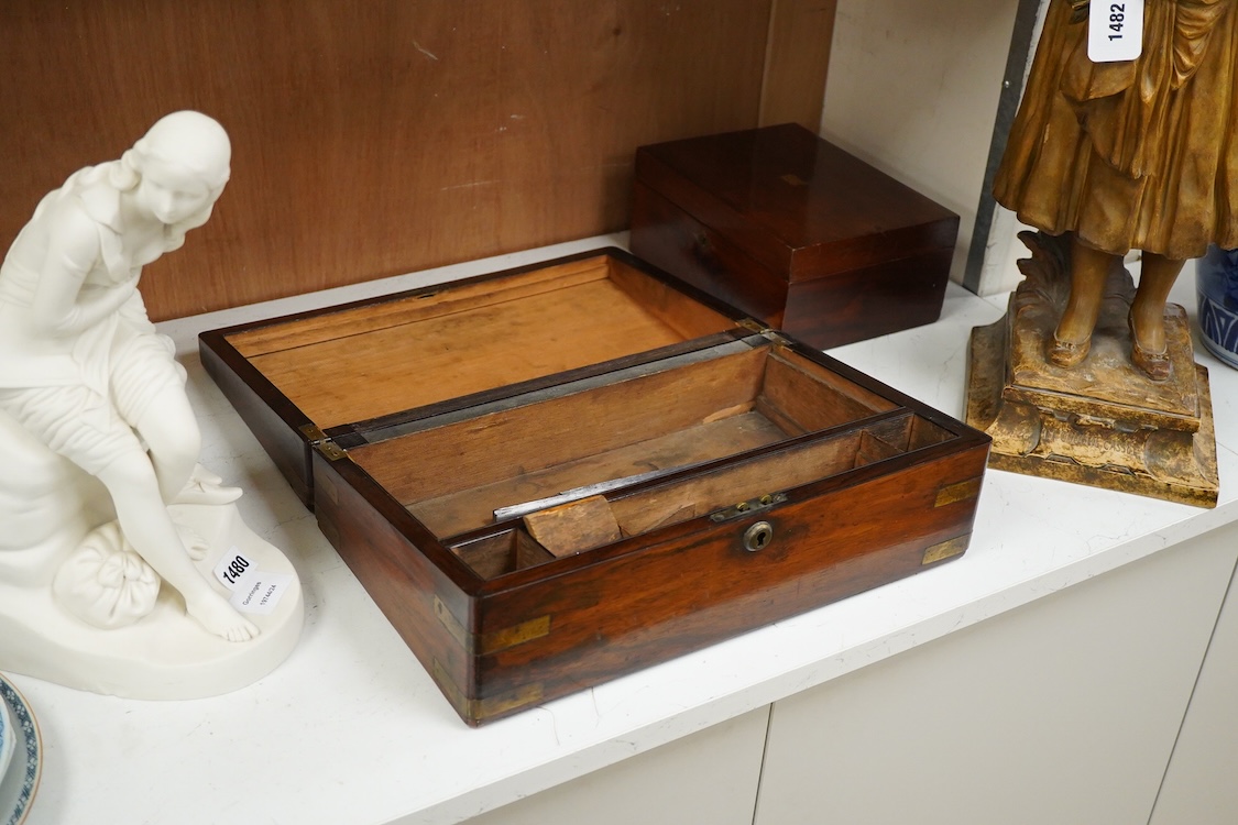 A Victorian brass inlaid mahogany jewellery box and one other writing slope, lacking interior, 40cm wide